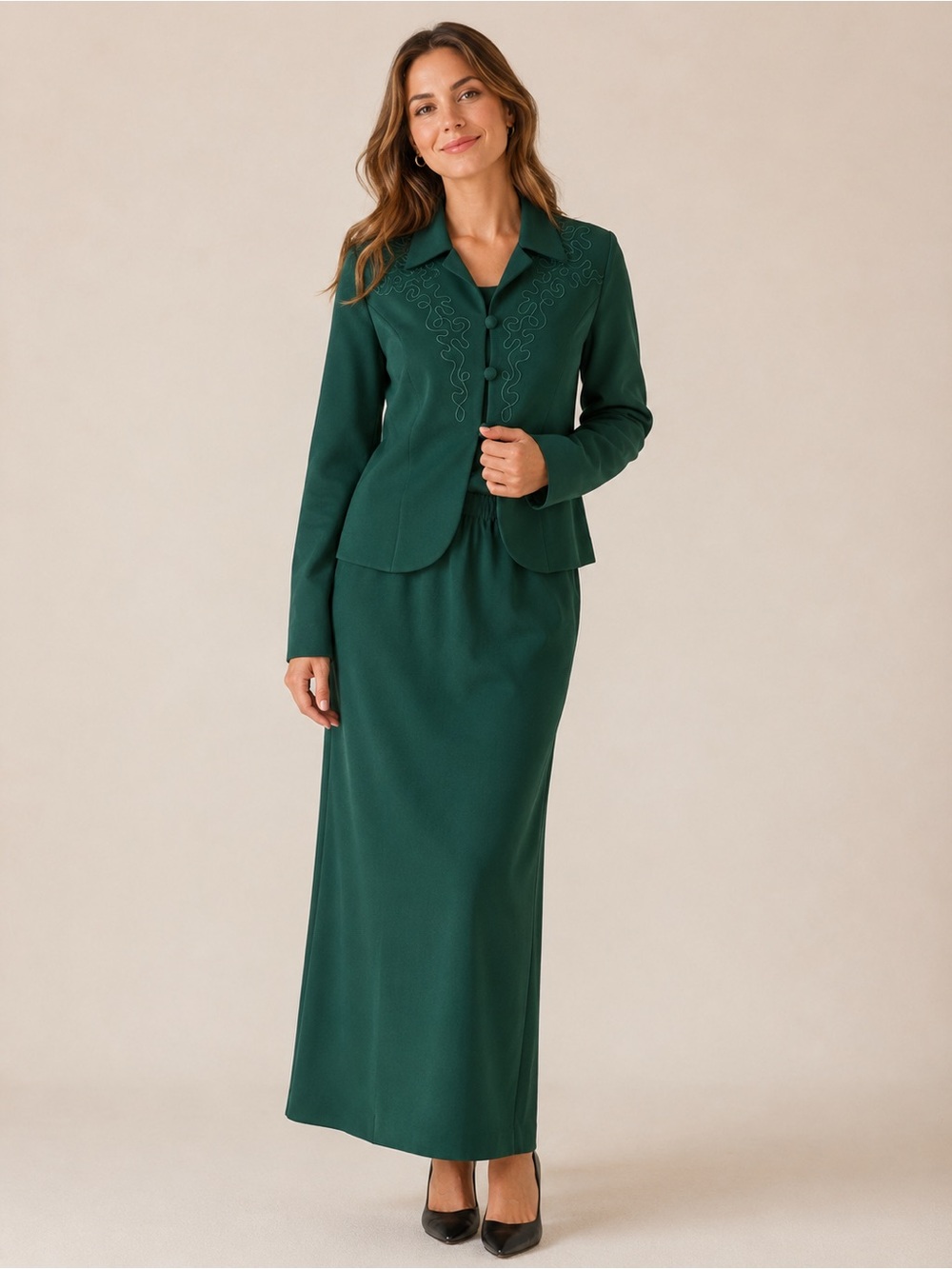 Vintage Caron Chicago Women’s Size 8 Green 2 Piece Skirt Suit Embroidered Maxi